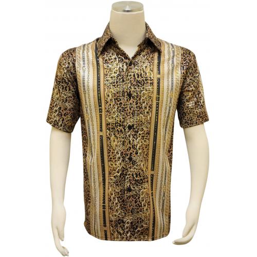 Pronti Camel / Black / Metallic Gold Greek Multi-Pattern Short Sleeve Shirt S6605