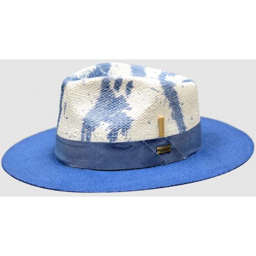 Bruno Capelo Denim Blue / White Hand Painted Flat Brim Straw Fedora Hat LX-891