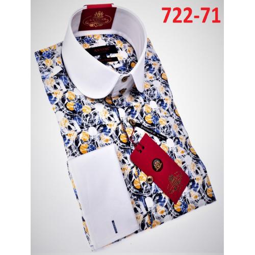 Axxess White / Blue / Gold Artistic Design Cotton Modern Fit Dress Shirt With Button Cuff 722-71.