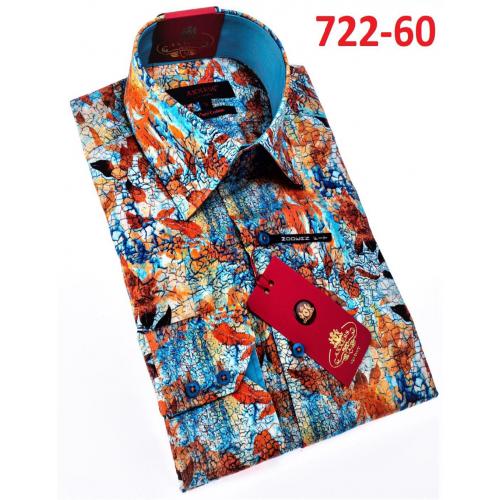 Axxess Aqua Blue / Orange Medusa Design Cotton Modern Fit Dress Shirt With Button Cuff 722-60.