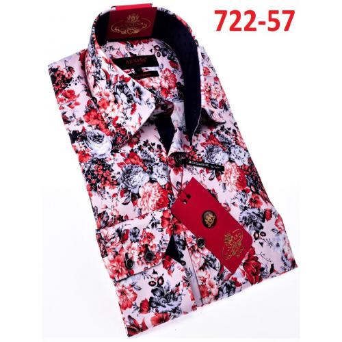 Axxess White / Black / Red Flower Design Cotton Modern Fit Dress Shirt With Button Cuff 722-57.