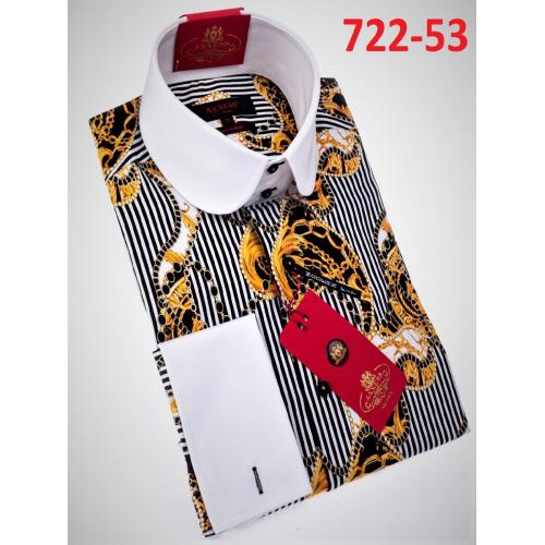 Axxess White / Black / Gold Chain Design Cotton Modern Fit Dress Shirt With Button Cuff 722-53.