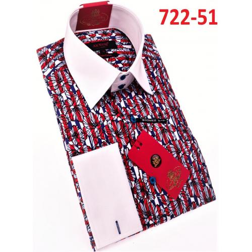 Axxess White / Navy / Red Flower Design Cotton Modern Fit Dress Shirt With Button Cuff 722-51.