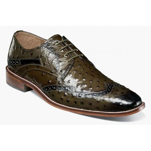 Stacy Adams "Gennaro" Olive Leather Ostrich Print Wingtip Derby Shoes 25537-303