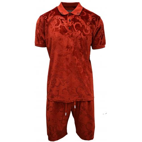 Stacy Adams Red / Black Velour Greek Design Cotton Blend Short Set Outfit VPS-553