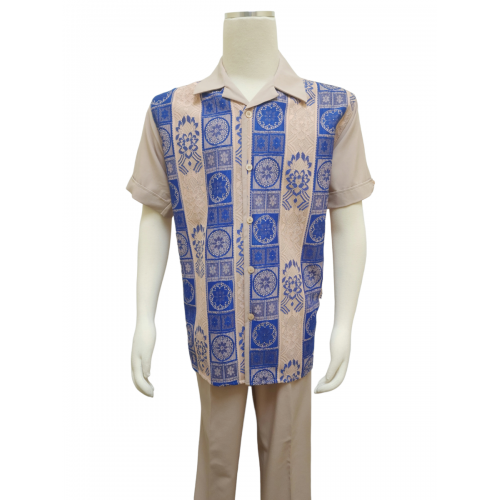 Pronti Beige / Royal Blue Embroidered / Lace Front Short Sleeve Outfit SP6566