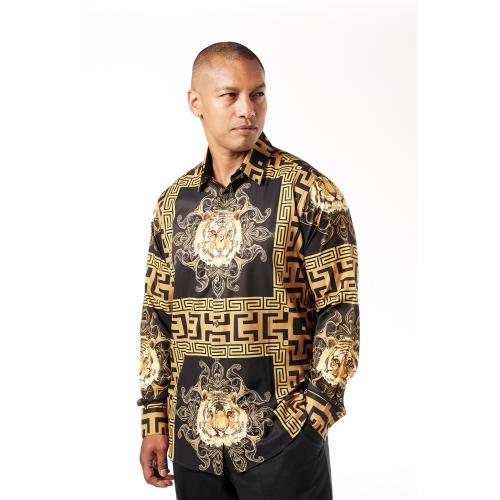 Stacy Adams Black / Gold Crystal Studded Greek Design Long Sleeve Shirt ...