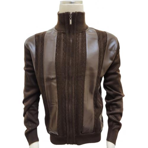 Bagazio Brown PU Leather / Knitted Zip-Up Sweater BM2261