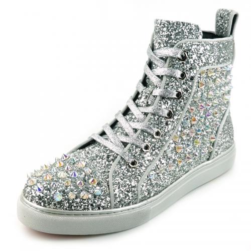 Fiesso Silver Glittered / Spiked PU Leather High Top Sneakers FI2409
