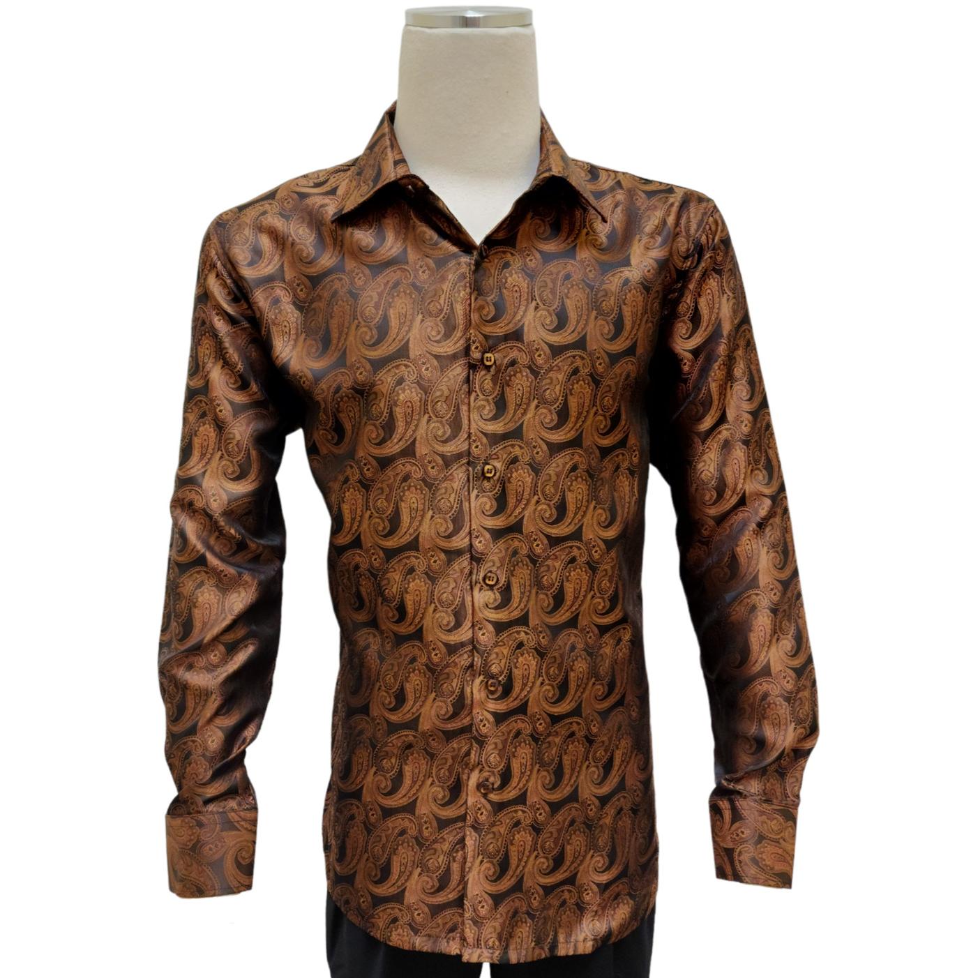 Bagazio Cognac / Black Paisley Embroidered Long Sleeve Satin Shirt