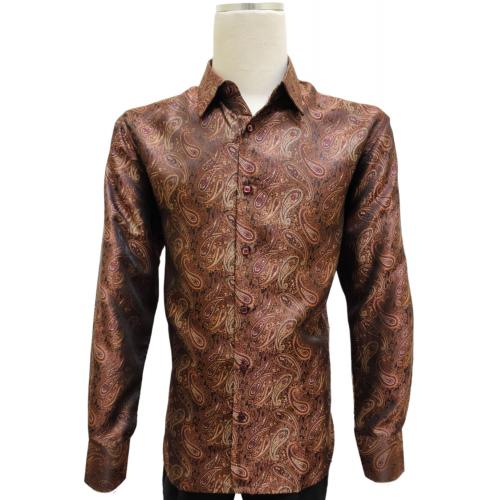 Bagazio Copper / Wine / Camel Paisley Embroidered Long Sleeve Satin Shirt BM2247