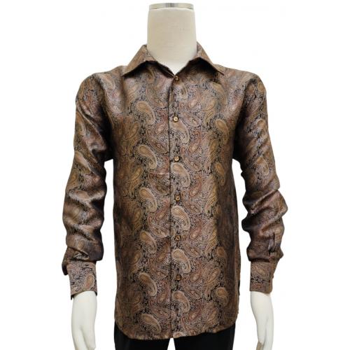 Bagazio Camel / Copper / Black Paisley Embroidered Long Sleeve Satin Shirt BM2247