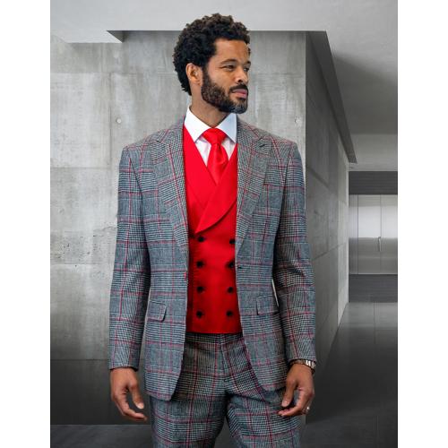 Statement "Benson" Red / Black / White Cashmere Wool Vested Modern Fit Suit