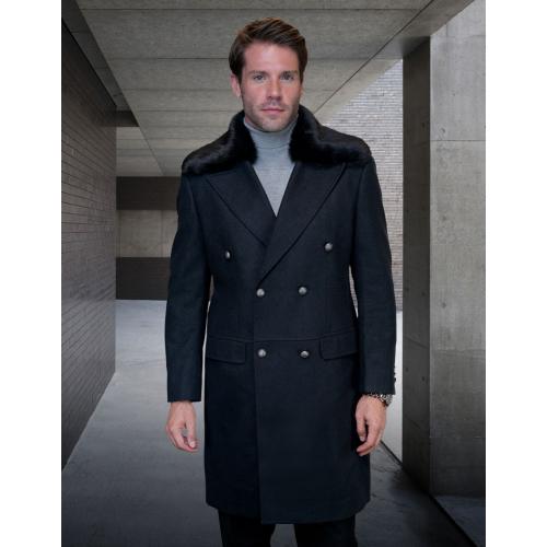 Statement Black Cashmere Wool Faux Fur Collared Double Breasted Overcoat WJ-102