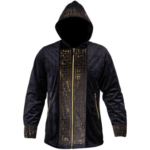 Prestige Black / Gold Metallic Studded Greek Design Hooded Zip-Up Jacket VHD-200