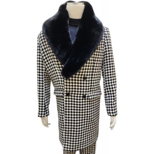 Lanzino Black / White Wool Removable Faux Fur Collared Long Jacket Outfit JK126