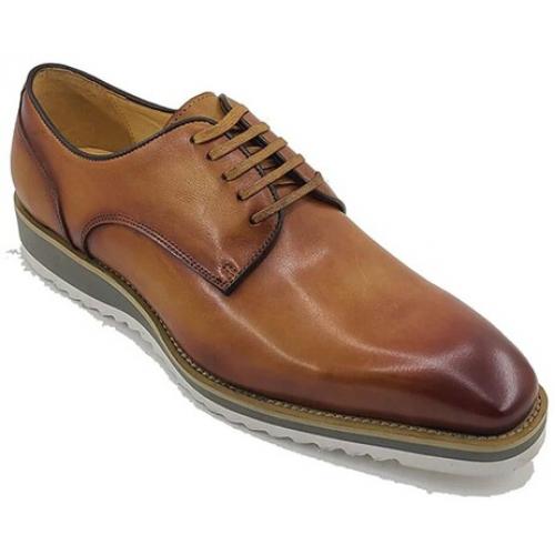 Carrucci Cognac Burnished Calfskin Leather Rubber Soled Derby Shoes KS515-26
