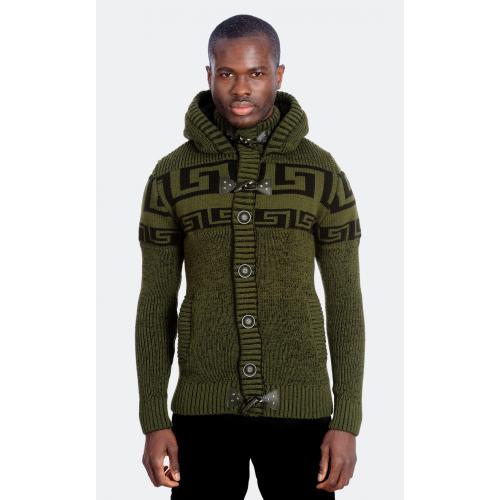 LCR Olive / Black Modern Fit Wool Blend Sherpa Lined Hooded Cardigan Sweater 6650
