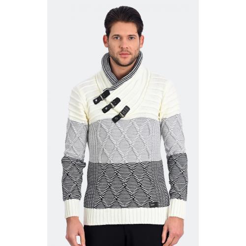 LCR Off-White / Black Modern Fit Wool Blend Pull-Over Shawl Collar Sweater 6700