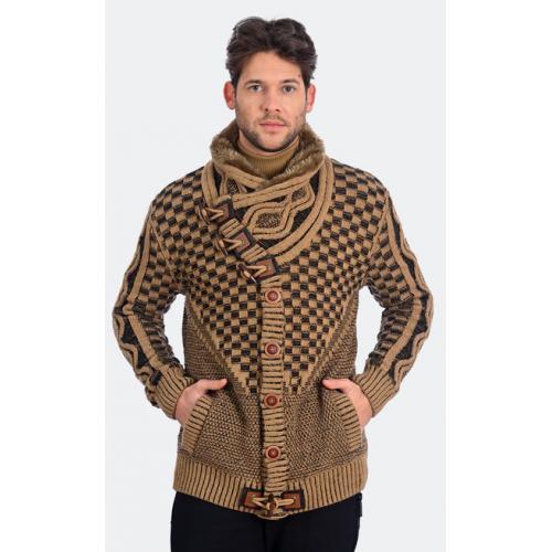 LCR Camel / Black Modern Fit Wool Blend Faux Fur Shawl Collar Cardigan Sweater 6970