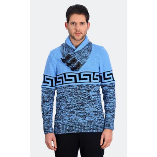 LCR Light Blue / Black Modern Fit Wool Blend Pull-Over Shawl Collar Sweater 7270