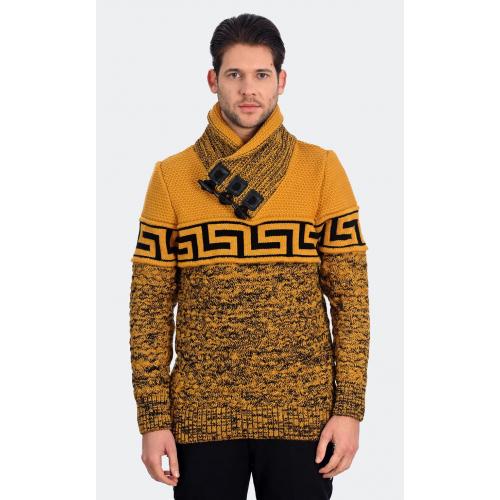 LCR Mustard / Black Modern Fit Wool Blend Pull-Over Shawl Collar Sweater 7270