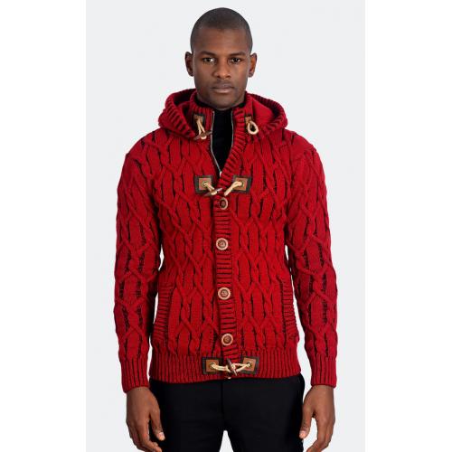 LCR Red / Black Modern Fit Wool Blend Hooded Cardigan Sweater 6845