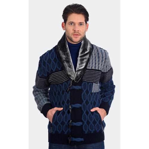 LCR Navy / Blue / Grey Modern Fit Wool Blend Shawl Collar Cardigan Sweater 6930