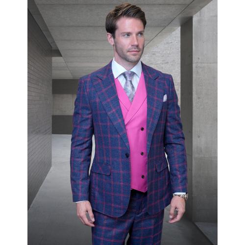 Statement "Hartford" Navy / Fuchsia Super 180's Cashmere Wool Vested Modern Fit Suit