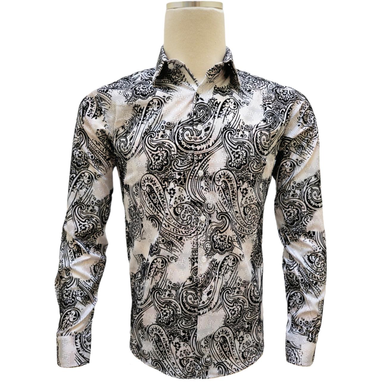 Cielo White / Black Paisley Velvet Accented Long Sleeve Shirt S1873