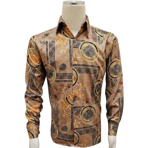Pronti Camel / Black / Gold Metallic Greek Cotton Blend Long Sleeve Shirt S6614