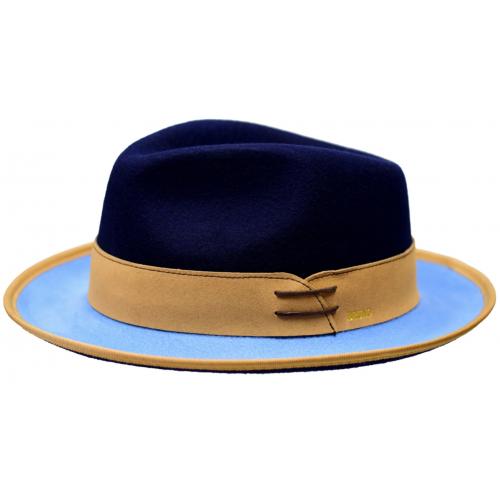 Bruno Capelo Navy / Camel / Blue Wool Contrast Banded Fedora Dress Hat OU-850