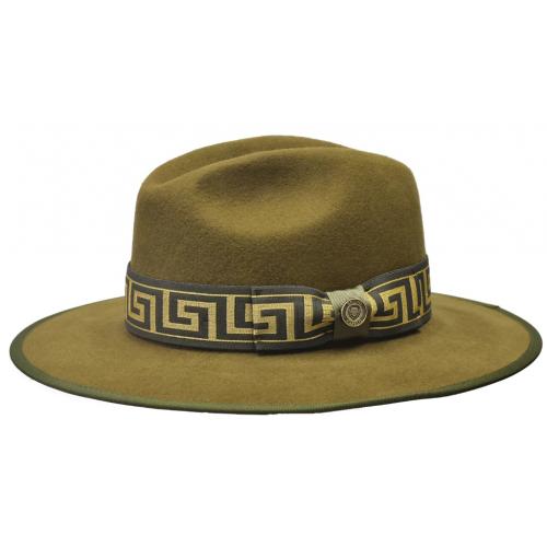 Bruno Capelo Olive / Gold Greek Banded Wool Flat Brim Fedora Dress Hat WE-976