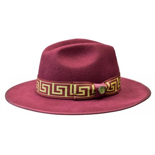Bruno Capelo Burgundy / Gold Greek Banded Wool Flat Brim Fedora Dress Hat WE-977