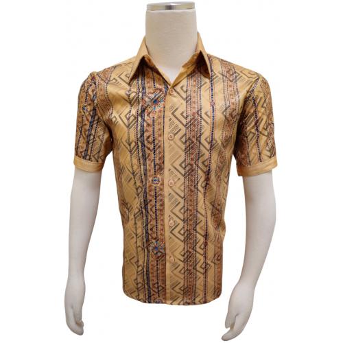 Pronti Gold / Multi-Colored Metallic Greek Key Short Sleeve Shirt S6661
