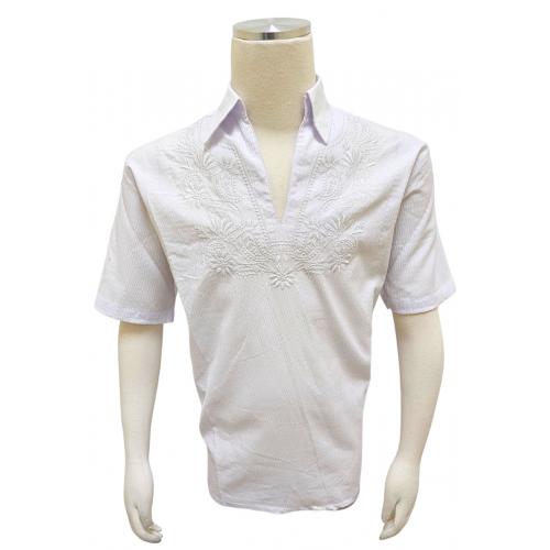 Bagazio White Crepe Embroidered Pull-Over Notch Neck Short Sleeve Shirt BM1906