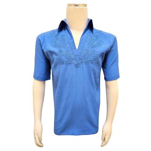 Bagazio Blue Crepe Embroidered Pull-Over Notch Neck Short Sleeve Shirt BM1906