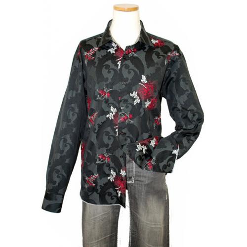 Brandolini Black with Grey/Wine Embroidered Design Long Sleeves Cotton Shirt 1AA87B