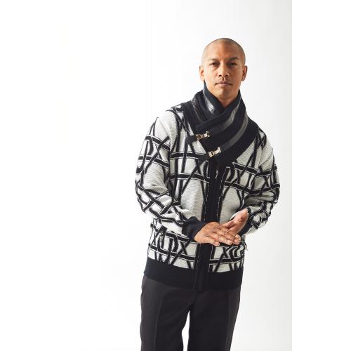 Silversilk Black / White Buckled Shawl Collar Zip-Up Sweater 61019