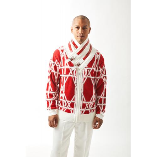 Silversilk Off-White / Red Buckled Shawl Collar Zip-Up Sweater 61019