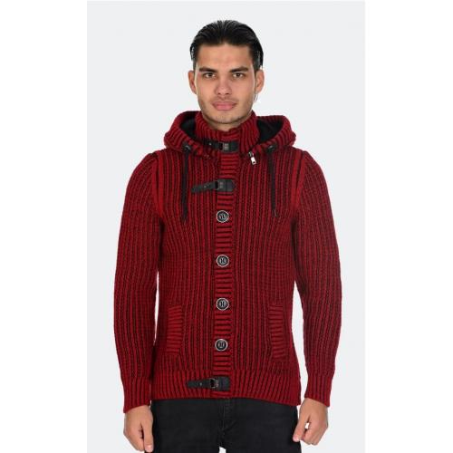 LCR Red / Black Modern Fit Wool Blend Hooded Zip-Up Cardigan Sweater 12005