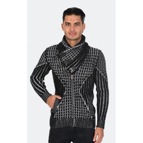 LCR Black / White Modern Fit Wool Shawl Collar Zip-Up Cardigan Sweater 12025