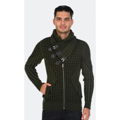 LCR Olive / Black Modern Fit Wool Shawl Collar Zip-Up Cardigan Sweater 12025