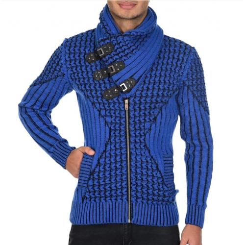 LCR Royal Blue / Black Modern Fit Wool Shawl Collar Zip-Up Cardigan Sweater 12025