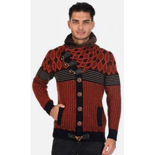 LCR Rust / Navy Modern Fit Wool Vegan Fur Shawl Collar Cardigan Sweater 12060