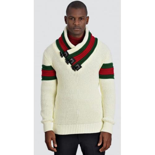 LCR Off-White / Green / Red Modern Fit Wool Pull-Over Shawl Collar Sweater 6885