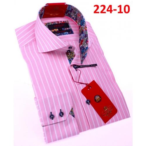 Axxess Pink / White Striped Cotton Modern Fit Dress Shirt With Button Cuff 224-10.