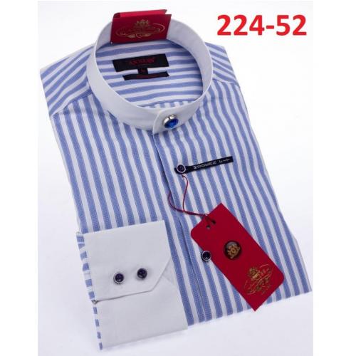 Axxess Blue / White Striped Cotton Modern Fit Banded Collar Dress Shirt With Button Cuff 224-52.