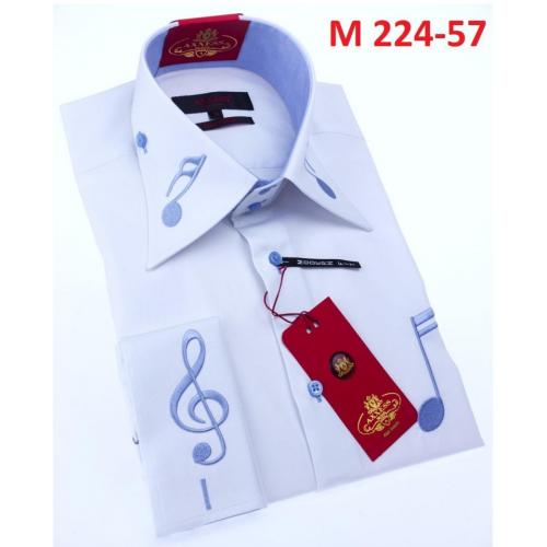 Axxess Light Blue Combo Music Note Embroidered Cotton Modern Fit Dress Shirt With French Cuff M224-57.