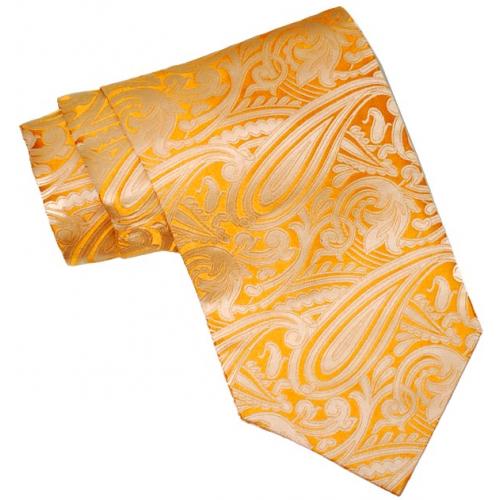Steven Land Orange Paisley Design 100% Knitted Woven Silk Ascot/Hanky Set